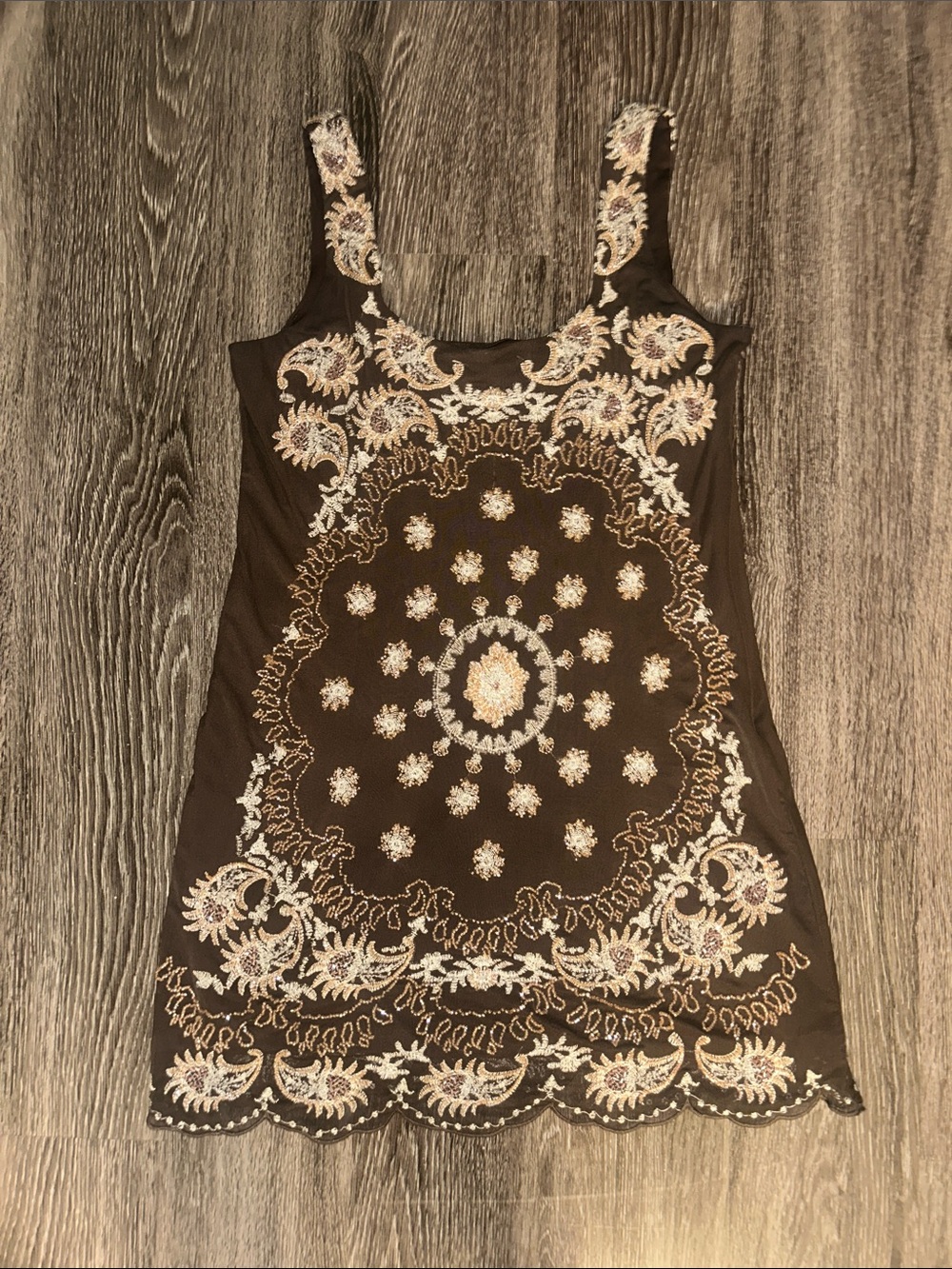 Bloomingdale’s Aqua Brown Tank Dress with Cream Embroidery